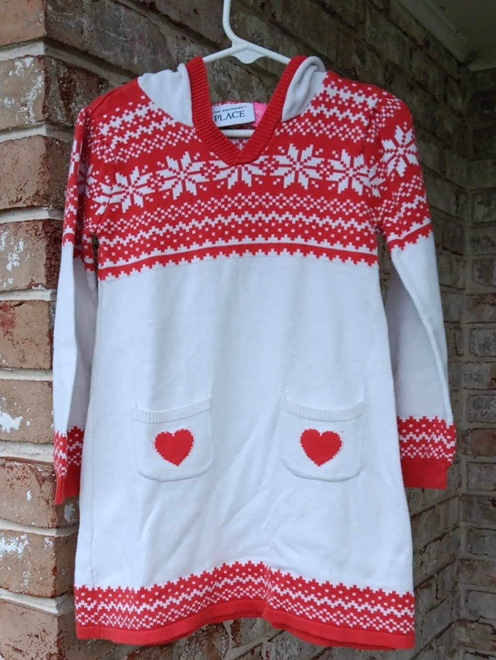 Red & White Fair Isle Hooded Knit Dress